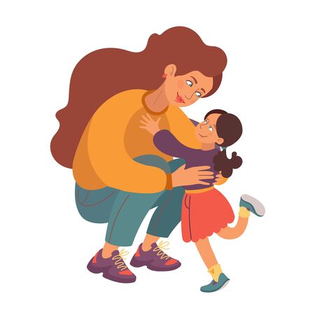 Mom and daughter family portrait. Lovely mother and daughter. Sport wear and sneakers. Vector illustration simple shapes.のイラスト素材