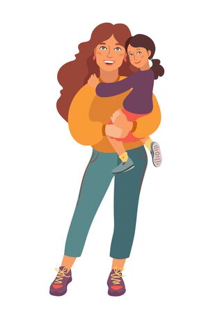 Mom and daughter family portrait. Lovely mother and daughter. Sport wear and sneakers. Vector illustration simple shapes.のイラスト素材