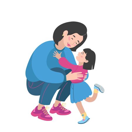 Illustration pour Mom and daughter family portrait. Asian mother and daughter. Sport wear and sneakers. Vector illustration simple shapes. - image libre de droit