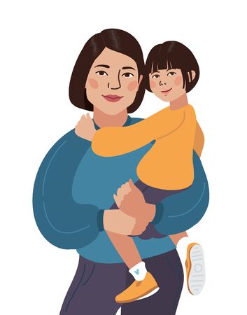 Mom and daughter family portrait. Asian mother and daughter. Sport wear and sneakers. Vector illustration simple shapes.のイラスト素材