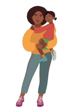 Mom and daughter family portrait. African-American mother and daughter. Sport wear and sneakers. Vector illustration simple shapes.のイラスト素材
