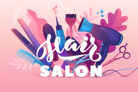 Hair Salon. Colorful hairdresser decorative illustration with beauty haircut accessories and equipment with big white letters. Realistic Poster. Vector Illustration Pink Colors