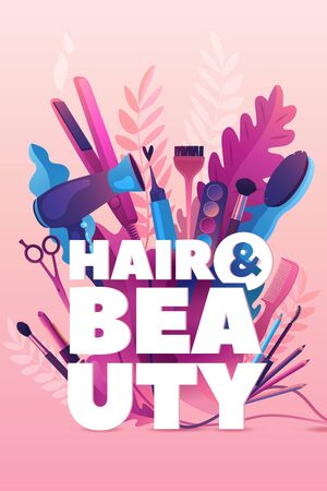 Hair and Beauty Salon. Colorful Hairdresser and Makeup decorative illustration with haircut accessories and Make-up equipment with big white letters. Realistic Poster. Vector Illustration Pink Colorsのイラスト素材