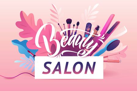 Beauty Salon. Colorful Makeup and Hair Style decorative illustration with haircut accessories and Make-up equipment with big white letters. Realistic Poster. Vector Illustration Pink Colorsのイラスト素材