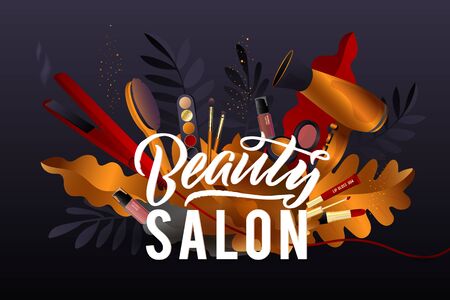 Beauty Salon. Colorful Makeup and Hair Style decorative illustration with haircut accessories and Make-up equipment with big white letters. Realistic Poster. Vector Illustration black and Gold Colors.
