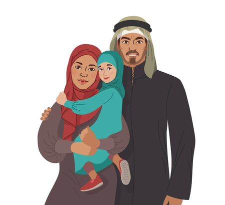 Family portrait. Middle Eastern Muslim People. Arab mother, father and little daughter. National Clothes. Vector Flat Illustration Simple Shapes.のイラスト素材
