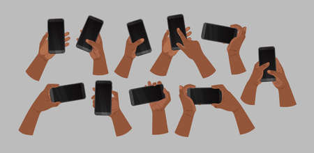 Hands of African American people holding phone and touch phone, business concept, flat design. Vector Illustrationのイラスト素材