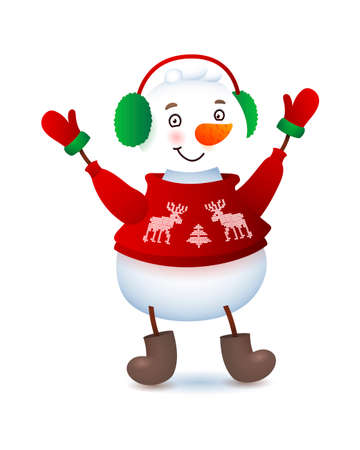 Vector Cute Snowman. Christmas illustration with funny snowman. Fur headphones and a red knit sweater with reindeer on itのイラスト素材