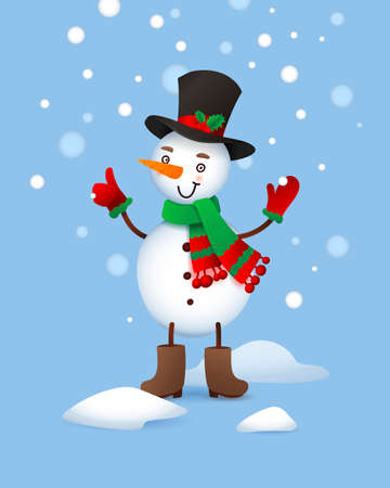 Vector Cute Snowman. Christmas illustration with funny snowman. Headdress top hatのイラスト素材