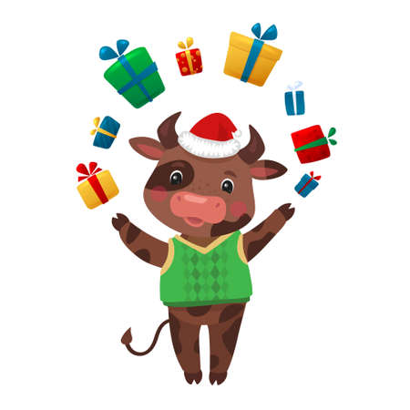 Happy New Year Cartoon Cows Character. Cow holding gift boxes celebrating the 2021. New Year of Ox. Bull Cartoon character in Santa Hat, Funny Animalのイラスト素材