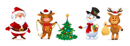 Merry Christmas Character Set. Santa Claus, Snowman, Deer and Ox. Cute Funny Macots.の写真素材