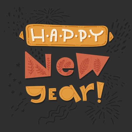 Happy New Year Doodle Lettering. Greeting Card Design on Gray Background. Vector Illustration. Make a wishのイラスト素材
