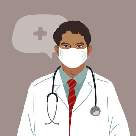 Doctor or Nurse wearing Medical Face Mask. Medical person profession modern vector flat illustration. Doctor and hospital staff cartoon character and speech bubbleのイラスト素材
