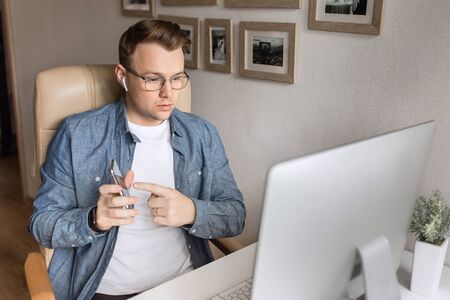 Business man using video call on laptop discuss work project online.の写真素材