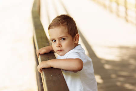 Portrait of cute preschool boy on the bridge at the park, looking at the camera, wearing white t-shirt, little kid enjoy nature, family weekend outdoors concept. High quality photoの写真素材