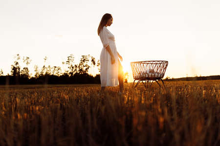 Lovely woman near the tiny bed with newborn baby girl at the field, happy mom spend time with little daughter, happy family moments, parenting and maternity concept. High quality photoの写真素材