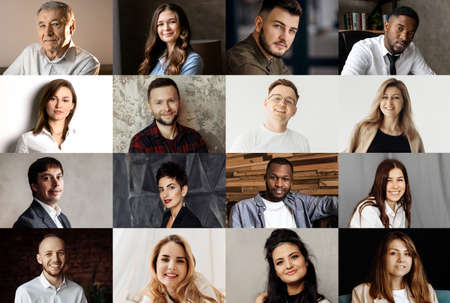 Collage or mosaic of diverse ethnicity young people group headshots, smiling multicultural people looking at camera, during video conference, meeting from home during quarantine. High quality photoの写真素材