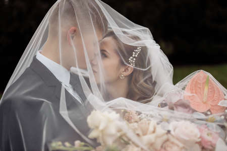 Stylish happy bride and groom embracing and hugging under veil. Luxury wedding couple newlyweds, sensual romantic moment, bride and groom looking at each other with love Wedding portrait of newlywedsの写真素材