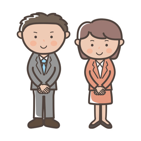 Illustration of male and female businessmen standing facing forward with their hands foldedのイラスト素材