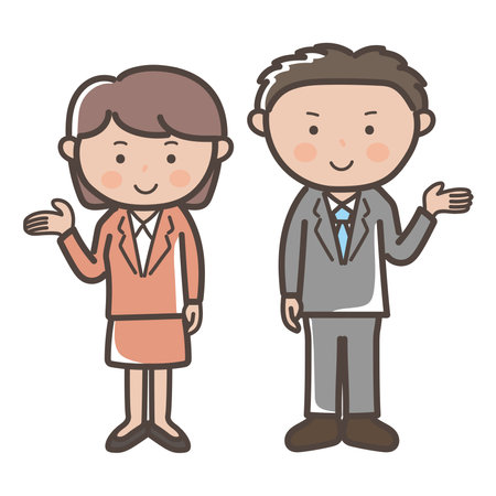 Illustration of male and female businessmen giving explanations and guidanceのイラスト素材