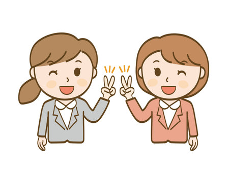 Two female office workers in suits with a smile and peace signのイラスト素材