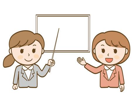 Two female office workers in suits giving an explanation at a presentationのイラスト素材