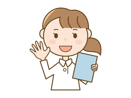A nurse greeting with a medical record_Illustration of a woman wearing a white coatのイラスト素材