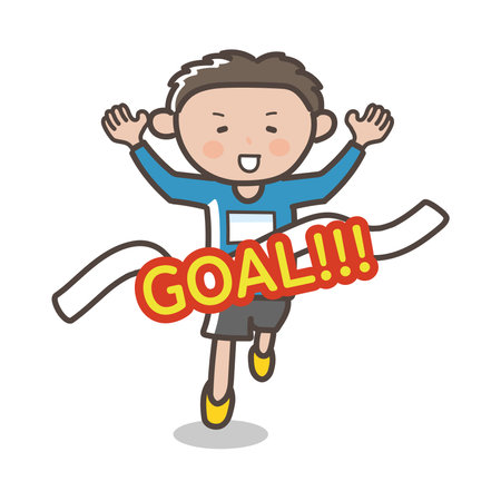 Illustration of a man finishing a marathon and crossing the finish line with an expression of joyのイラスト素材