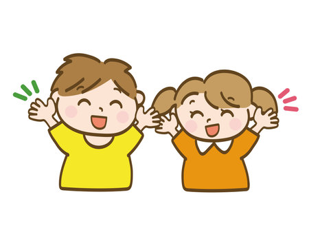 Boys and girls who raise their hands in joy_Early elementary school students_Toddlersのイラスト素材