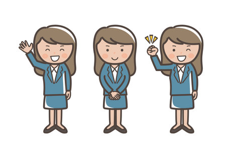 Pose set of a business woman in a blue suit_guts pose_greeting_replyのイラスト素材