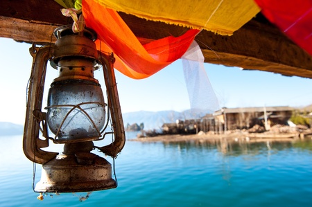 a Lantern Lamp sideby lugu lake.の写真素材