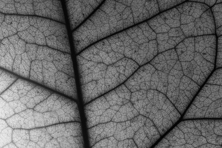 macro photo of an autumn dry tree leaf ,close-up leaf texture , black and white photoの写真素材