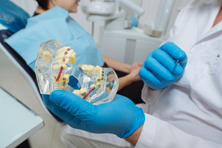 Dentist with patient. Dentist showing a model of teeth.の写真素材