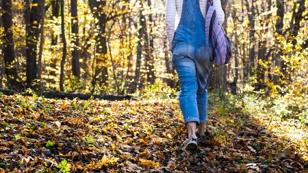 Young woman with backpack is walking alone at yellow autumn forest, rear view.