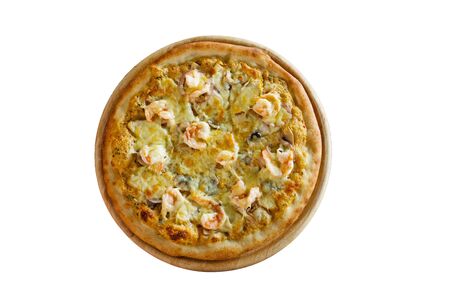 Seafood pizza isolated on white background, top viewの写真素材