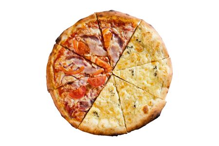 The two halves of pizzas isolated on white background, top viewの写真素材