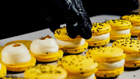 Chef is assembling yellow macarons, close-up.の写真素材