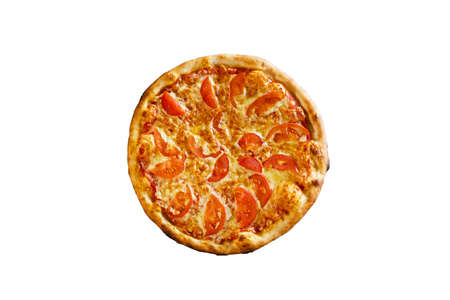 Pizza with ham and tomato isolated on white background, top viewの写真素材