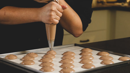 Chef making base for preparation macaron dessert.