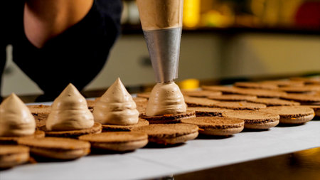 Chef is making caramel macarons, close-up.の写真素材