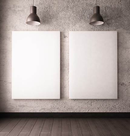 interior with a window in the loft-style with posters and paintings. 3dの写真素材