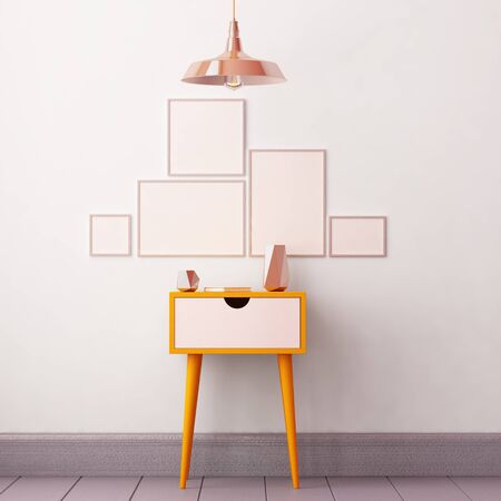 Mockup poster in the interior with a table in trendy colors. 3dの写真素材