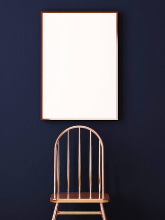Mockup poster in the interior of a dark background with a copper chair. 3dの写真素材