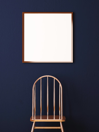 Mockup poster in the interior of a dark background with a copper chair. 3dの写真素材