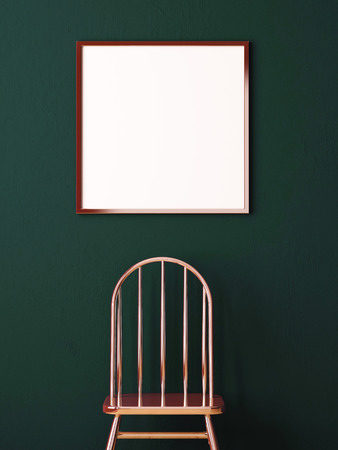 Mockup poster in the interior of a dark background with a copper chair. 3dの写真素材