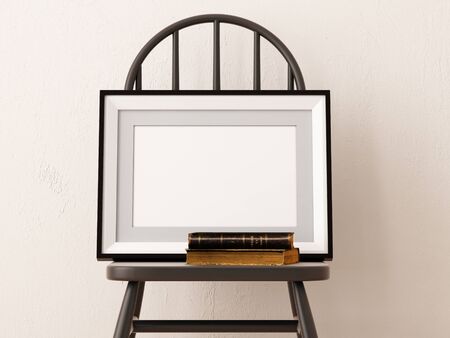 mock up poster in a frame on a chair. Hipster style. Art Deco. 3d illustration.