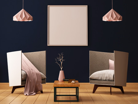 mock up poster in the interior of a living room with armchairs and lamps. 3d illustration 3d render.