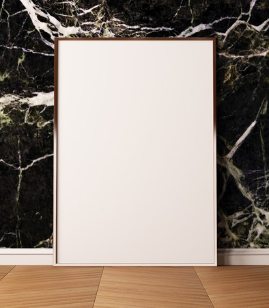 Mock up poster, standing on a wooden floor against a wall of marble. 3d illustration. 3D renderingの写真素材