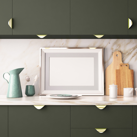 Mock up a poster in a frame in the kitchen in a hipster style. 3d rendering.の写真素材