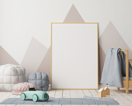 Mock up poster in the children's bedroom in pastel colors. Scandinavian style. 3d rendering.の写真素材